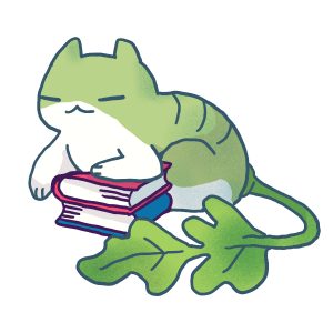 02 Kitty Resting An image graphic of a cat drawn to look like it has a lettuce tail. The cat is resting on a stack of books. Image created by Wendy Xu for the iREAD summer reading program.